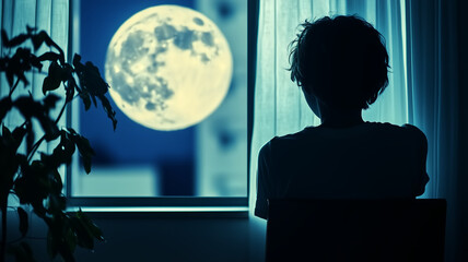 A person gazes out a window at a bright full moon, creating a serene and introspective atmosphere, with silhouetted forms framed by soft, glowing light.