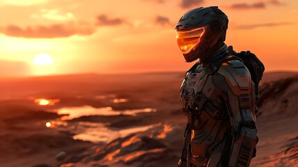 4. Space soldier in a high-tech suit with a glowing helmet visor standing on a desert planet