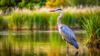 Naklejka premium Gray Heron bird standing by the lake, patiently waiting for its prey, heron, bird, wildlife, nature, predator, feathers, lake