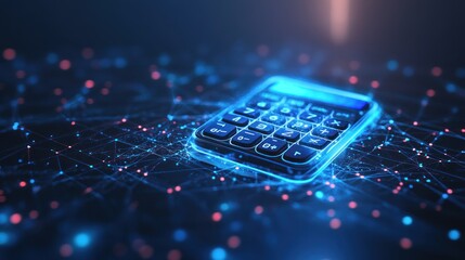 A futuristic calculator surrounded by a network of glowing connections.