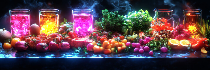 A vibrant still life featuring colorful fruits, vegetables, and drinks.