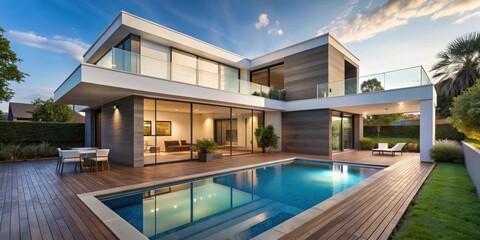 Fototapeta premium Modern house with pool and patio for relaxation, exterior, , modern, house, pool, patio, relaxation, exterior, design