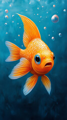 Naklejka premium A bright orange goldfish with wide, startled eyes swims through a blue underwater scene.