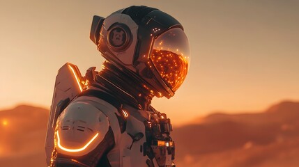 4. Space soldier in a high-tech suit with a glowing helmet visor standing on a desert planet