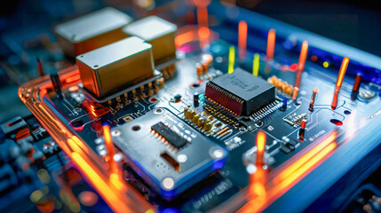 AI-generated Image of electronic circuitry a closeup of interconnected electronic components, such as resistors, transistors, capacitors, inductors, and diodes