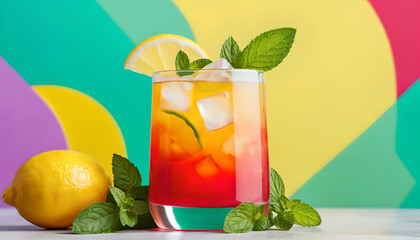 Colorful lemon mocktail can with mint leaves with an abstract background