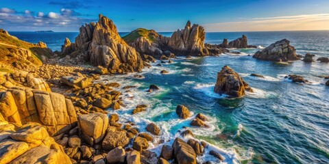 Large rocks scattered along the rugged coastline , coast, rocks, ocean, nature, scenic, landscape, shoreline, boulders