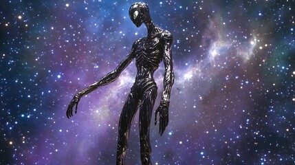 5. Humanoid alien figure with elongated limbs and silver skin standing in front of a starry backdrop