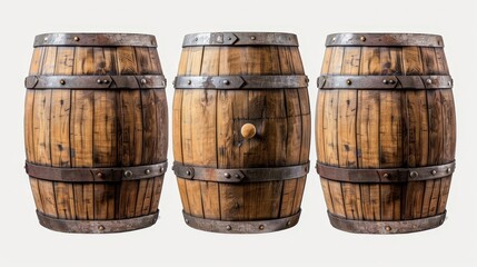 Obraz premium Three Vintage Wooden Barrels Isolated On White