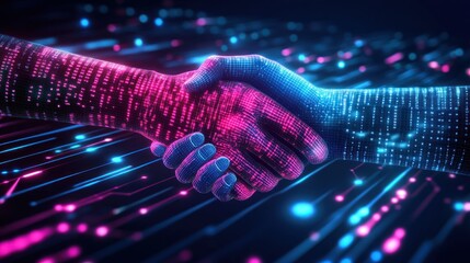 A digital handshake symbolizing collaboration and technology.