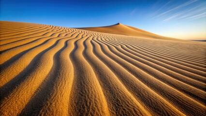 Naklejka premium Closeup of dune sand with fine grains and subtle ripples showcasing the serene beauty of the desert landscape, desert, sand