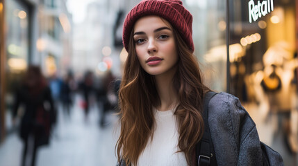 Fototapeta premium Young woman with long brown hair wearing a red beanie stands on a bustling city street, exuding a calm and confident demeanor amidst an urban background.