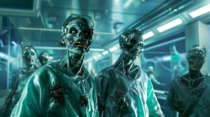 Futuristic Medical Center with Zombies in High-Tech Setting