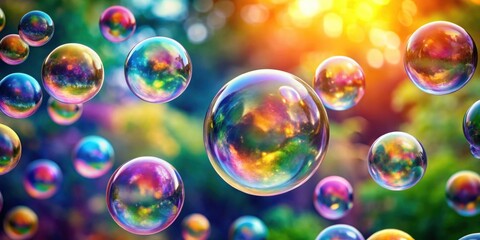 Floating rainbow soap bubbles on background, soap bubbles, rainbow, floating, isolated,vibrant colors, iridescent, shiny