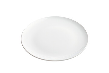 Plain white ceramic plate with a flawless, reflective surface and a uniform shape, isolated on a white background