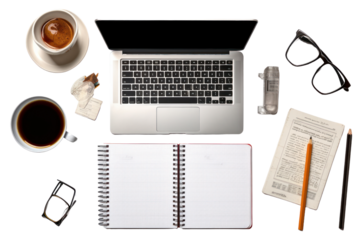 Overhead view of a student workspace with an open notebook, a laptop, isolated on white background