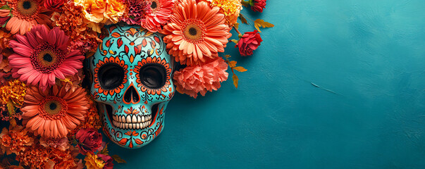 Colorful sugar skull with vibrant flowers on a teal background, evoking a lively and celebratory mood, reminiscent of día de los muertos festival.