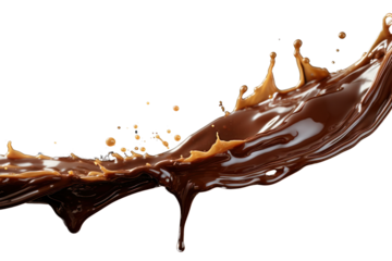 Melted chocolate forming a long, elegant splash, with droplets catching light and adding a glossy sheen isolate on white background.