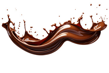 Melted chocolate forming a long, elegant splash, with droplets catching light and adding a glossy sheen isolate on white background.