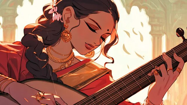 Woman Playing a Traditional String Instrument in a Temple Setting Generative AI