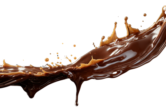 Melted chocolate forming a long, elegant splash, with droplets catching light and adding a glossy sheen isolate on white background.