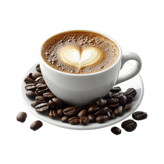 A White Cup of Coffee with a Heart Design in the Foam, Surrounded by Coffee Beans
