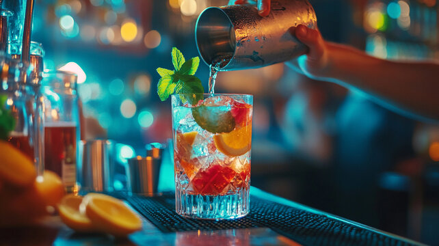 Celebrating National Bartender Day with a vibrant cocktail creation at a lively bar