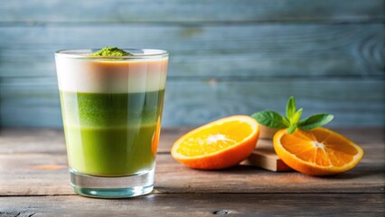 Glass of two layered matcha and orange juice, matcha, orange juice, drink, layered, glass, green, healthy, beverage