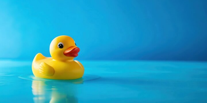 Yellow rubber duck floating on a vibrant blue background, rubber duck, bath toy, yellow, blue, background, floating, bright
