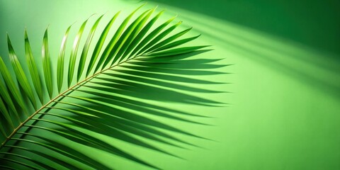 Obraz premium Abstract green background with palm leaf shadow illuminated by sunlight for product presentation, render, simple, abstract