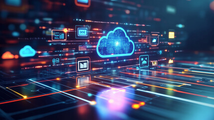 A digital cloud interface with glowing icons for apps and storage systems.
