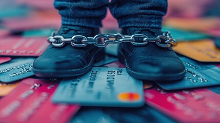 Fototapeta premium A pair of feet chained, standing on a pile of credit cards, symbolizing debt and financial struggle.
