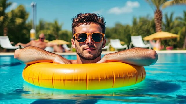 A man relaxes in a pool on a sunny day, wearing sunglasses and a yellow float