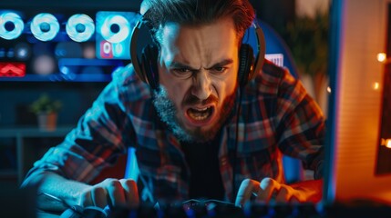 Fototapeta premium Intense Gamer Streaming Live During Speedrun Session