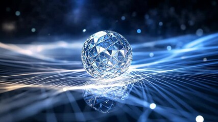 A bright, geometric sphere sits on a field of intersecting lines, bathed in a blue light - Powered by Adobe