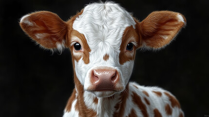 A close-up of a brown and white calf with big, curious eyes.