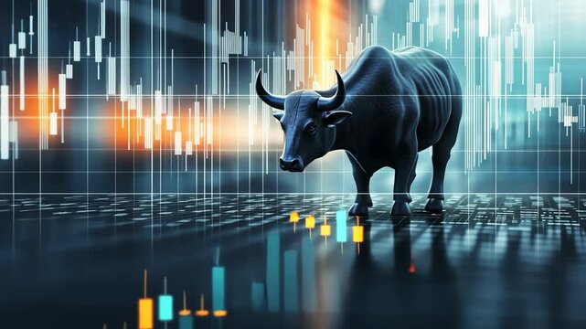 A black bull stands on a grid of data and candlestick charts, representing the stock market