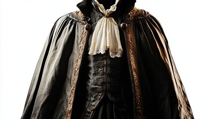 Close-up of a Man Wearing a Black and Gold Embroidered Cape with a White Lace Cravat