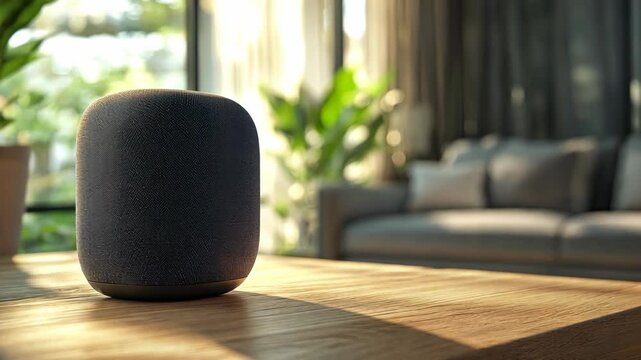 A black smart speaker sits on a wooden table in a living room