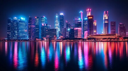 Illuminated Skyscrapers Reflecting in a Calm Body of Water at Night