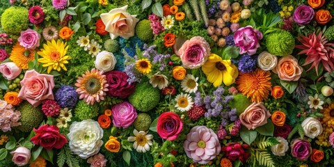 Naklejka premium Beautiful floral wall art with a variety of colorful flowers and greenery , botanical, wall decor, vibrant, garden, decoration
