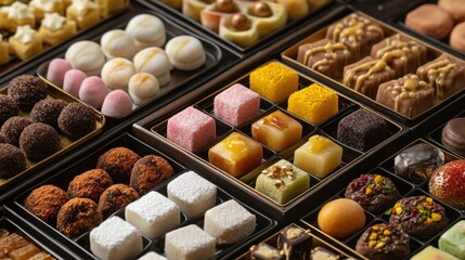 An assortment of luxurious festival sweets from around the world, beautifully presented in elegant containers.
