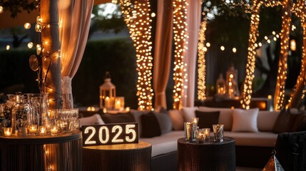 2025 New Year's Eve party celebration with string lights and candles in a cozy outdoor setting.