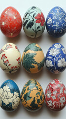 Nine intricately decorated eggs with floral and leaf designs.