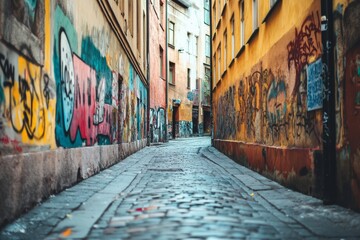 Fototapeta premium Street with graffiti in the city center empty alley colorful city background