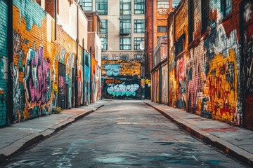 Fototapeta premium Street with graffiti in the city center empty alley colorful city background