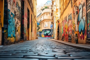 Street with graffiti in the city center empty alley colorful city background