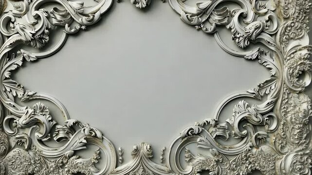 A white, ornate frame with intricate details surrounds a blank, gray space