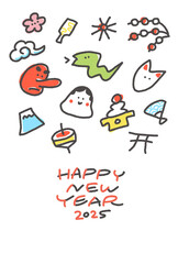 手描きの日本の正月と縁起物の年賀状イラスト　2025