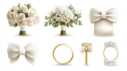 A classic collection of anniversary icons showcases a bouquet, ring, and bowtie in elegant colors